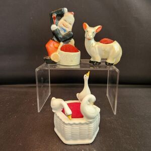 Set 3 Vtg Pin Cushions Sewing Lusterware Man Playing Drum Donkey Goose Geese